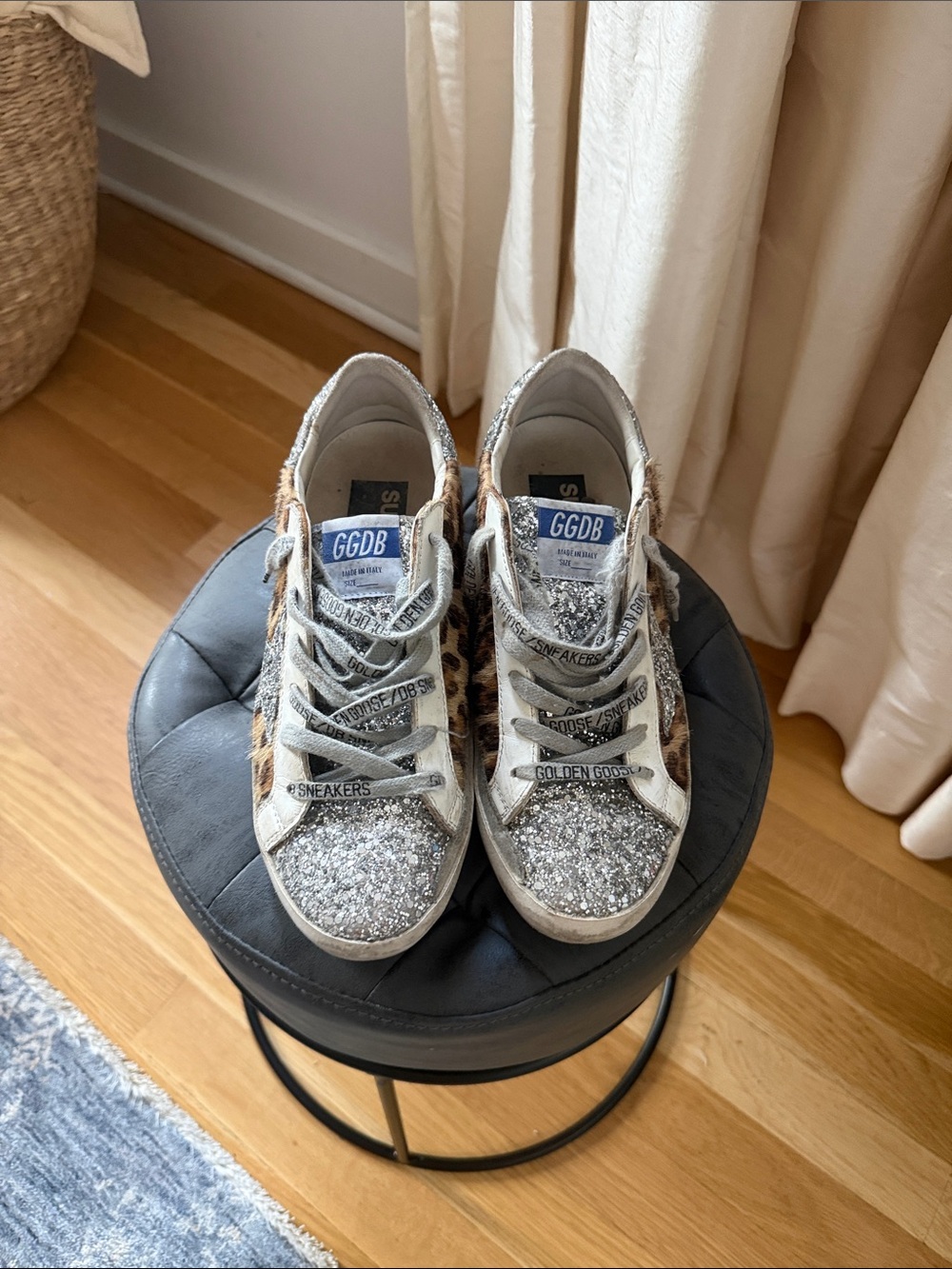 Golden Goose Leopard Print Sneakers with Silver Glitter Accents